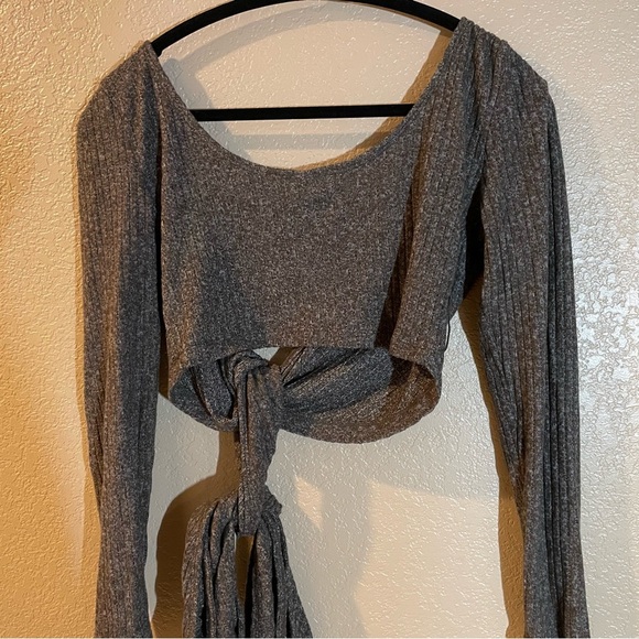 Anthropologie Daily Practice Wrapped Gray Ribbed Tie-Front Top - Picture 4 of 6